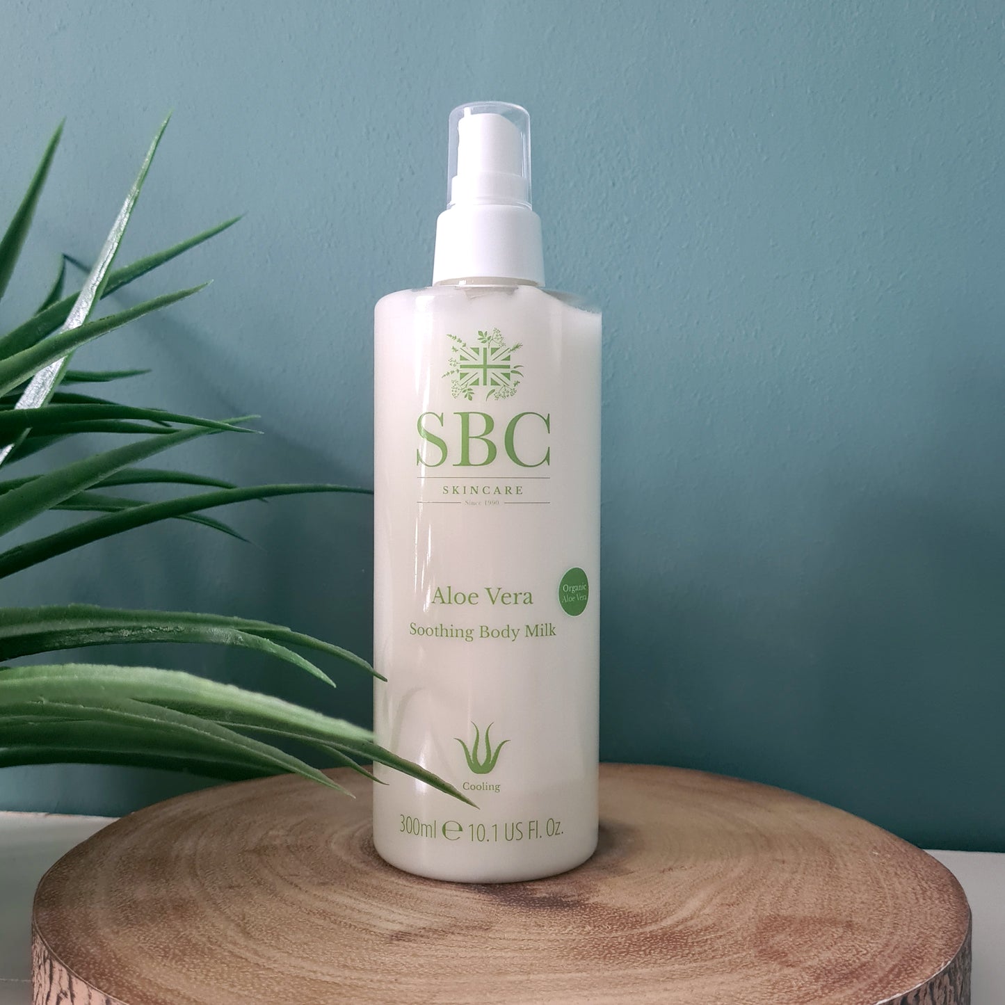 Aloe Vera Body Milk on a teal background