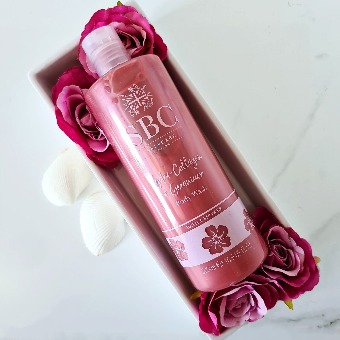 500ml Hydra-Collagen & Geranium Body Wash with roses and shells