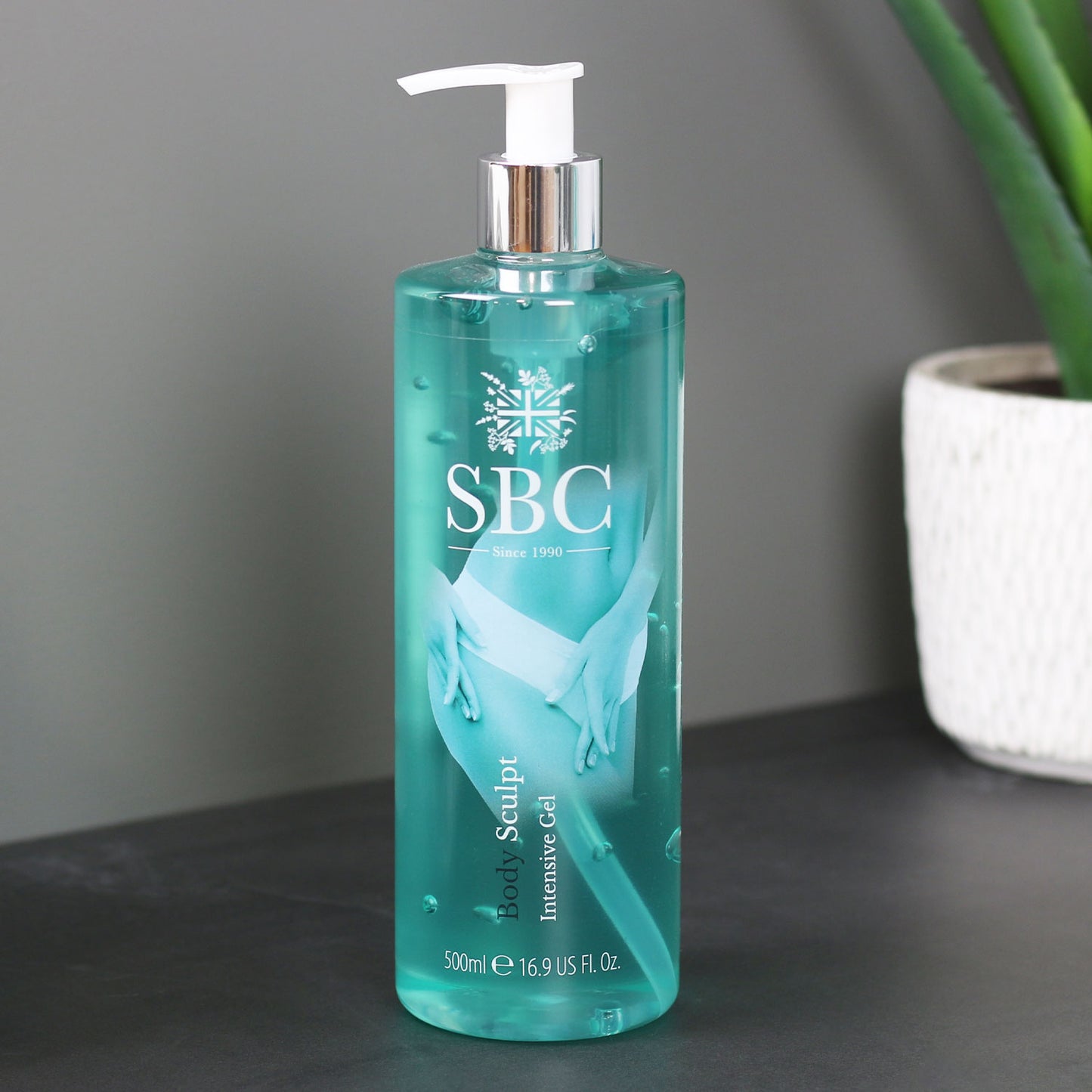 Body Sculpt Intensive Body Gel on a grey bathroom counter top
