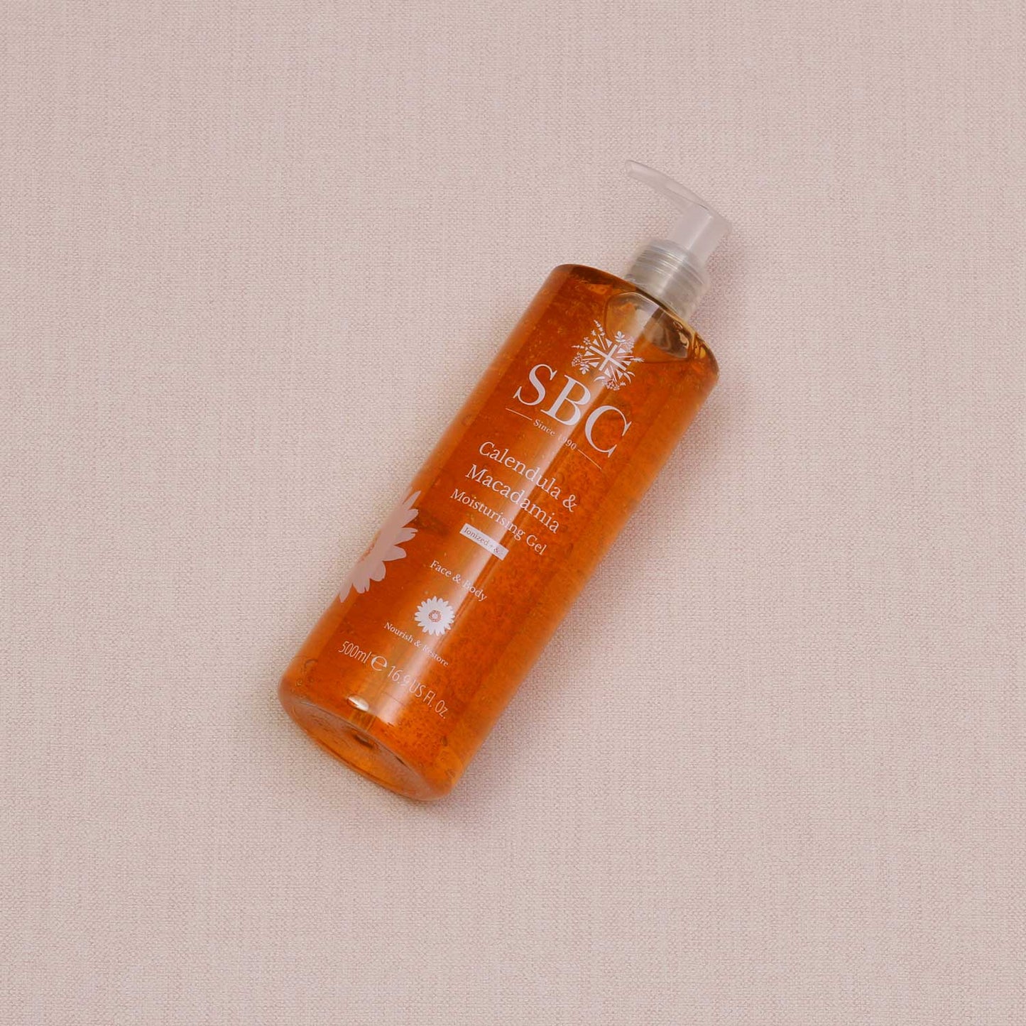 Calendula & Macadamia Moisturising Gel on a textured beige background