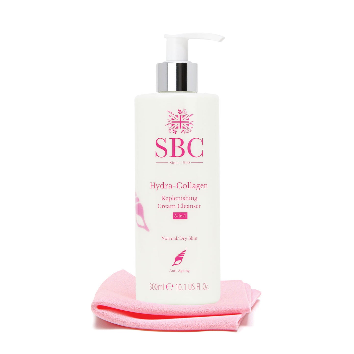 300ml Hydra-Collagen Replenishing Cream Cleanser with shammy on a white background