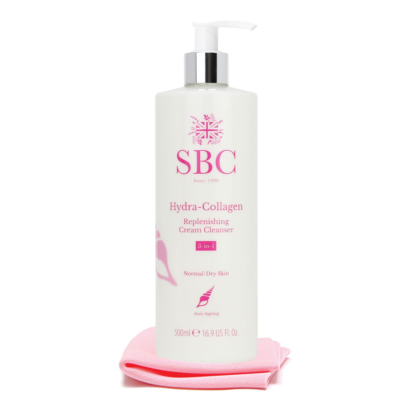 500ml Hydra-Collagen Replenishing Cream Cleanser on a white background with shammy