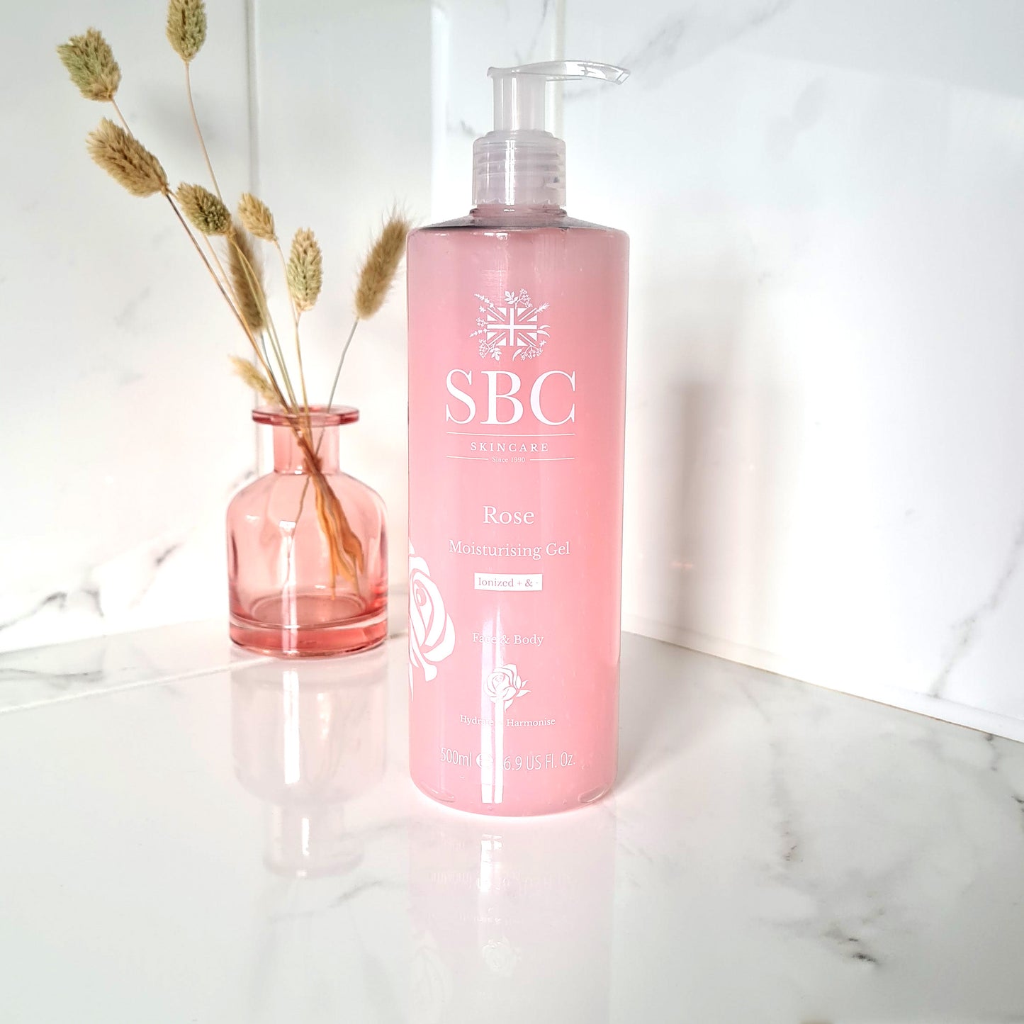 Rose Moisturising Gel on a marble bathroom counter