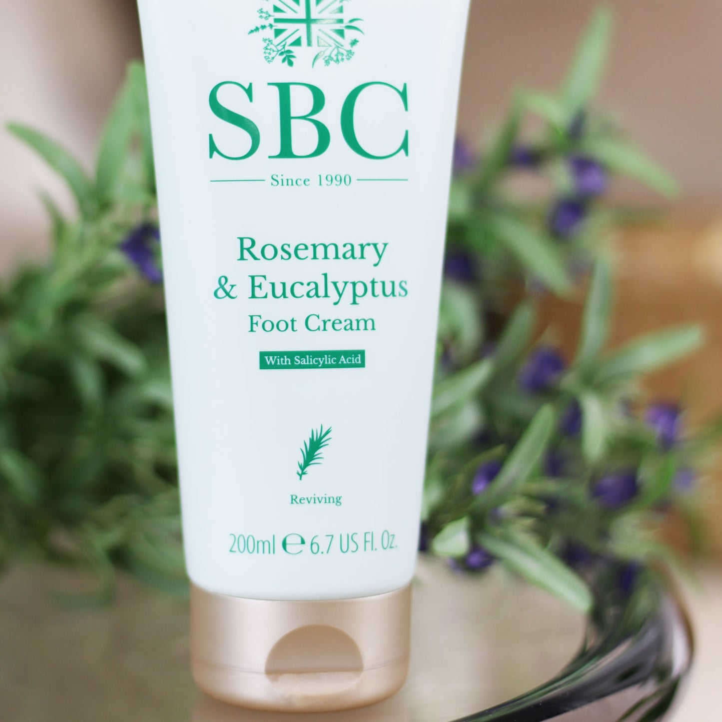 Rosemary & Eucalyptus Foot Cream on a glass table with rosemary