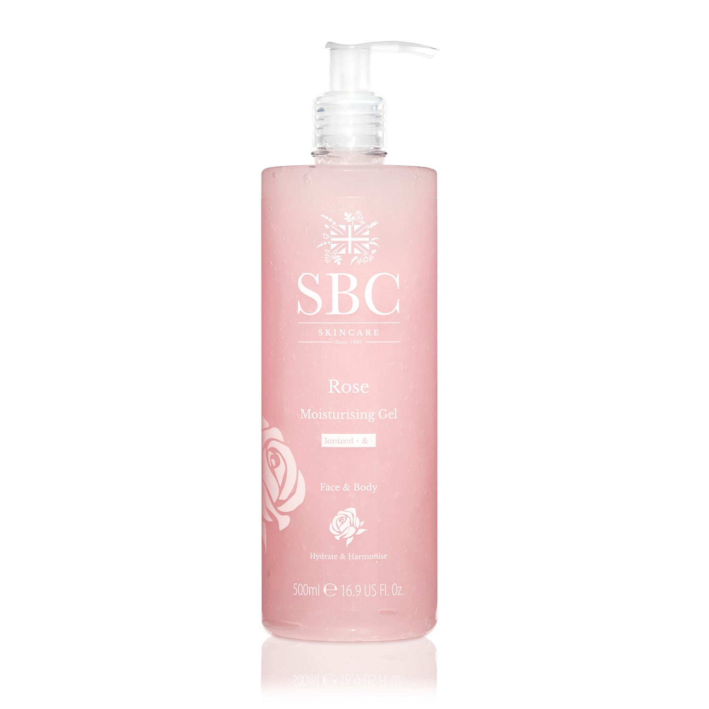 SBC Skincare's Rose Moisturising Gel 500m on a white background