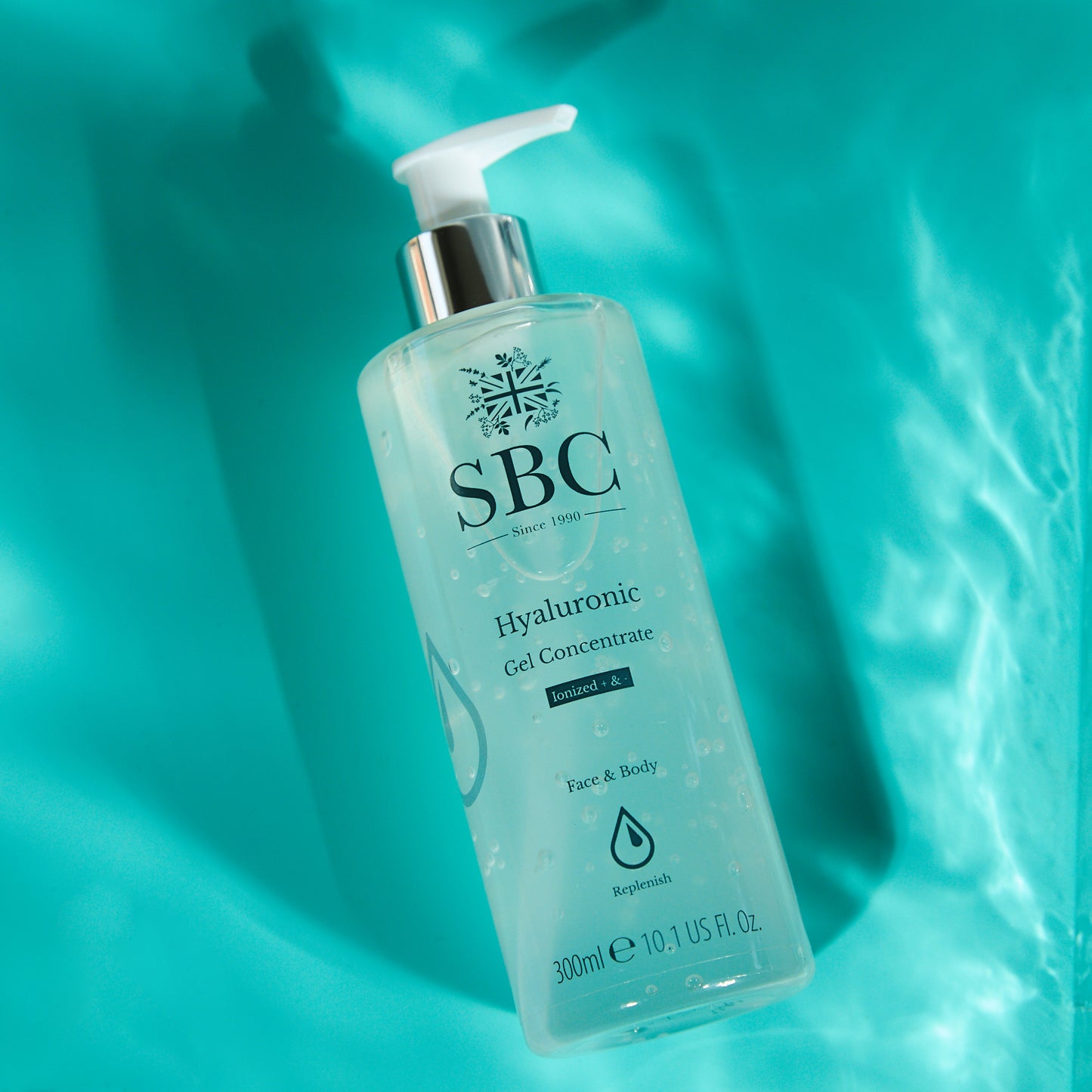 300ml SBC Skincare's Hyaluronic Gel Concentrate on a watery blue background