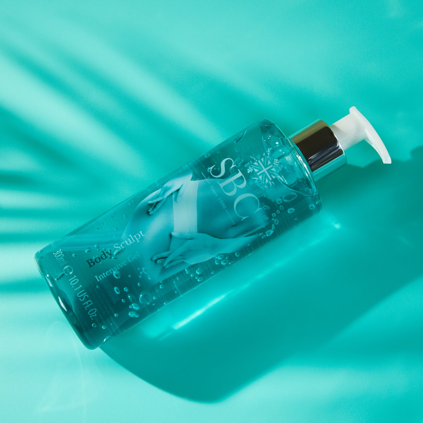 Body Sculpt Intensive Body Gel on a bright blue background with natural light