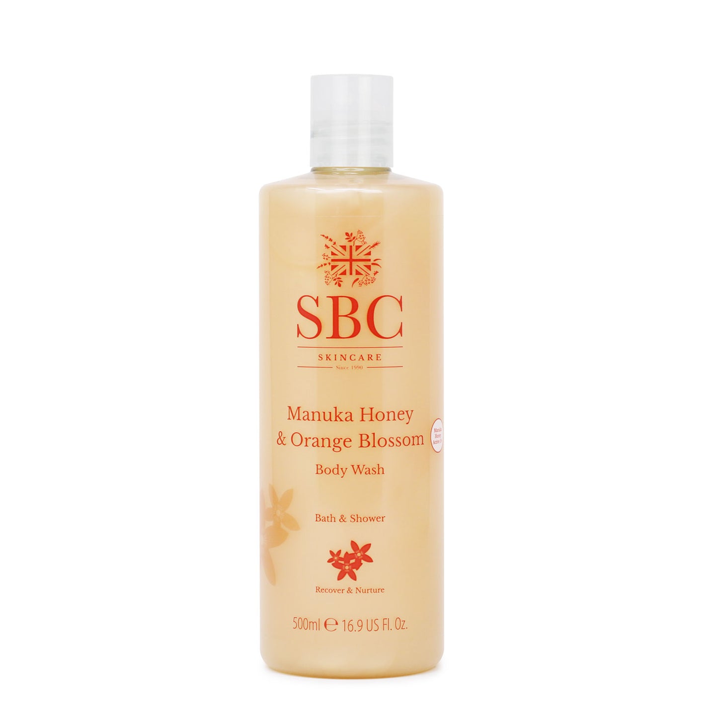 Manuka Honey & Orange Blossom Body Wash 500ml on a white background 