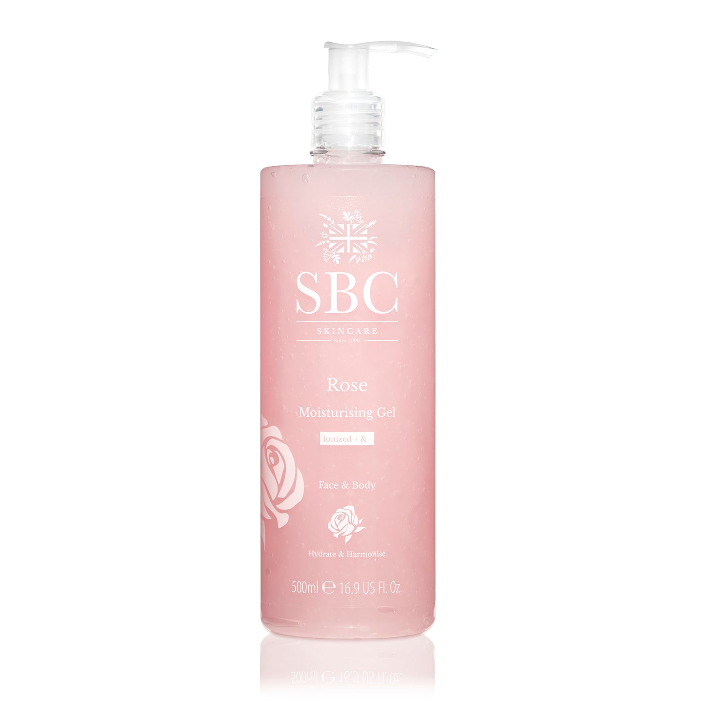 SBC Skincare's Rose Moisturising Gel 500m on a white background 