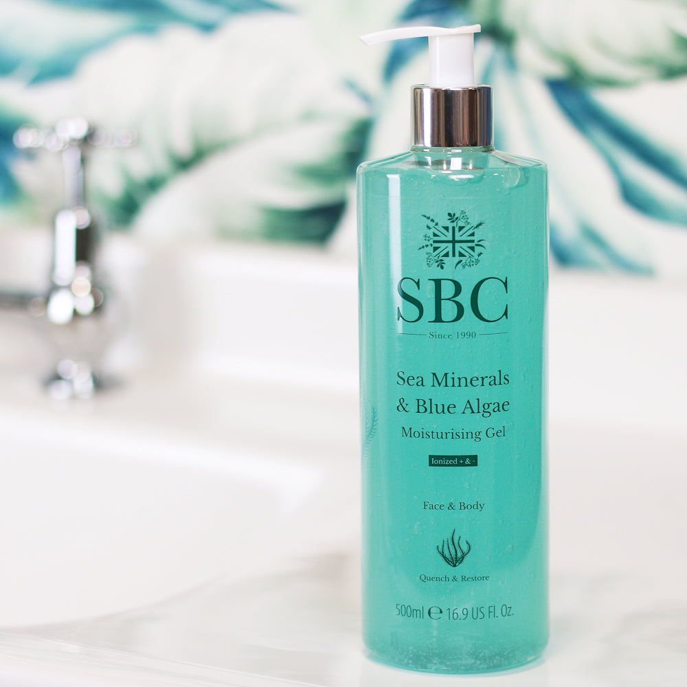 Sea Minerals & Blue Algae Moisturising Gel on a bathroom sink with a botanical backsplash 