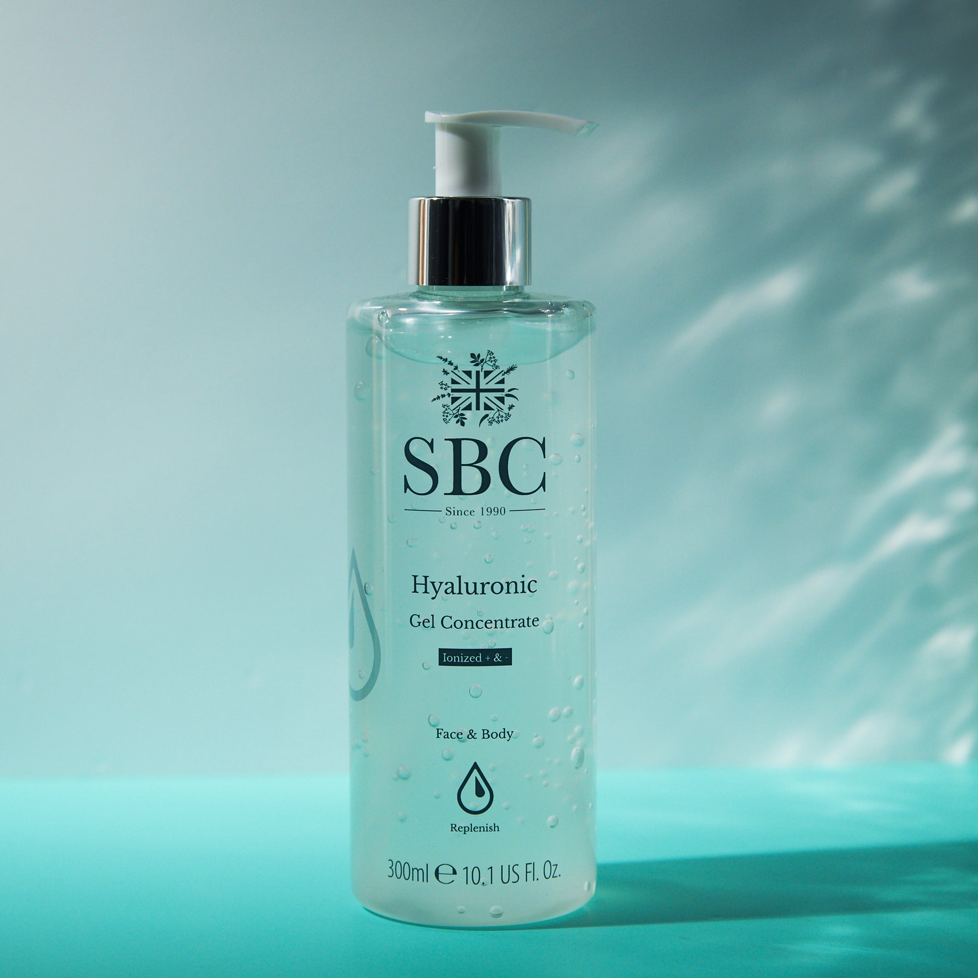 300ml SBC Skincare's Hyaluronic Gel Concentrate on a blue surface with natural light